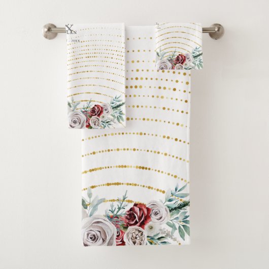 ブルガンディレッドアイボリーフローラ金ゴールドコーラル結婚ズ バスタオルセット (インサイチュ)