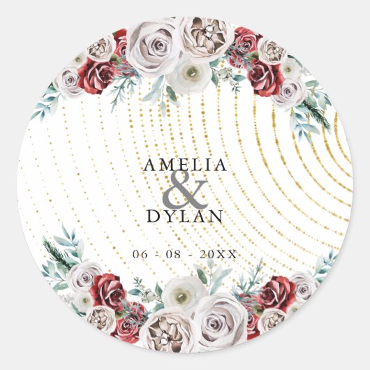 ブルガンディレッドアイボリーフローラ金ゴールドコーラル結婚ズ ラウンドシール (正面)