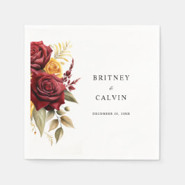 ブルガンディレッドイエローローズエレガントな結婚式 スタンダードカクテルナプキン