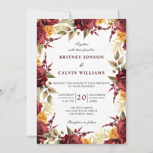 ブルガンディレッドイエローローズエレガントな結婚式 招待状 (正面)