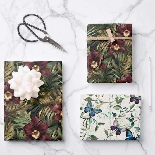 ブルガンディレッドオーキッドフローラバタフライブライダルシャワー ラッピングペーパーシート (正面)