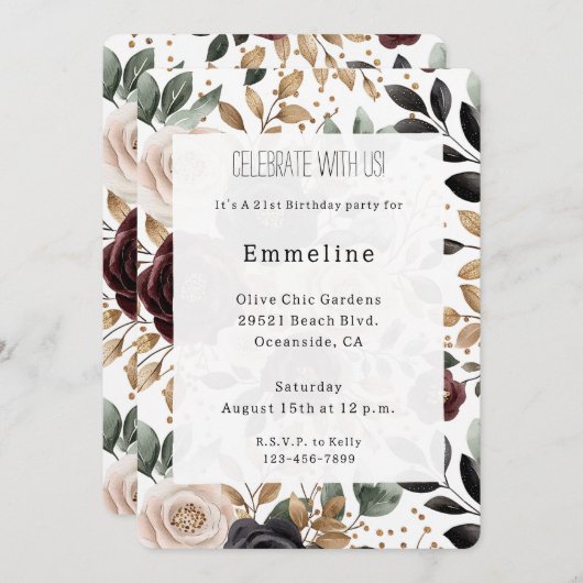 ブルガンディレッドクリームフローラ誕生日 招待状 (正面/裏面)