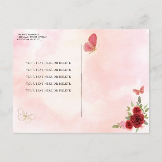 ブルガンディレッドグラム金ゴールドフローラプリンセスキンセアニラ インビテーションポストカード (裏面)