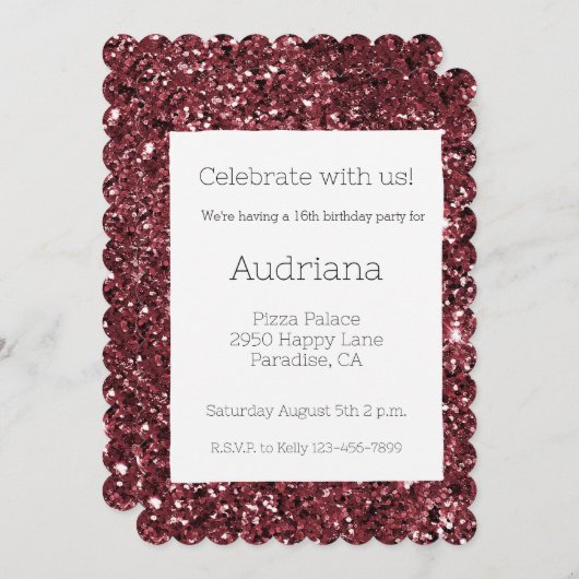 ブルガンディレッドグリジーグリッタースパークル16誕生日 招待状 (正面/裏面)