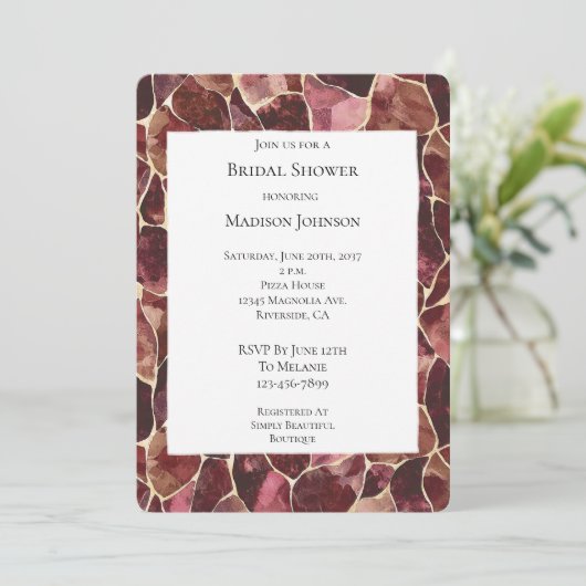 ブルガンディレッドシック抽象芸術ブライダルシャワー 招待状 (スタンド正面)