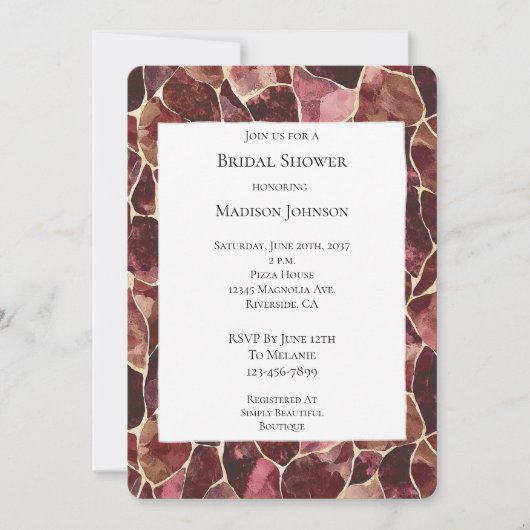 ブルガンディレッドシック抽象芸術ブライダルシャワー 招待状 (正面)