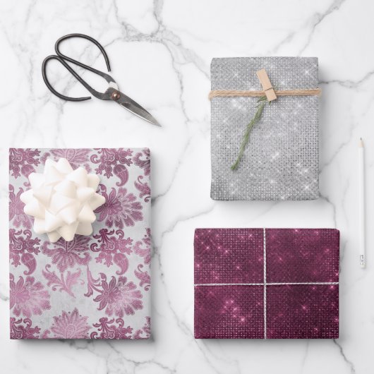 ブルガンディレッドシルバーフローラスパークルブライダルシャワー ラッピングペーパーシート (正面)