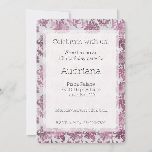 ブルガンディレッドシルバーフローラ誕生日 招待状 (正面)