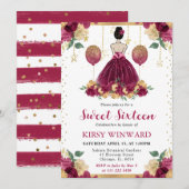 ブルガンディレッドドレスブルネットヘアプリンセススウィート16 招待状 (正面/裏面)