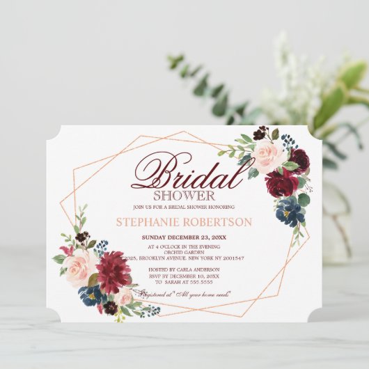 ブルガンディレッドネイビーフローラ幾何学ブライダルシャワー 招待状 (スタンド正面)