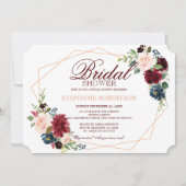 ブルガンディレッドネイビーフローラ幾何学ブライダルシャワー 招待状 (正面)