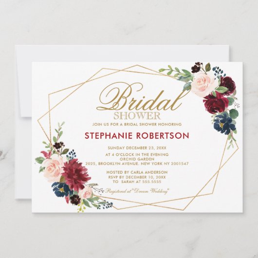ブルガンディレッドネイビーフローラ幾何学ブライダルシャワー 招待状 (正面)