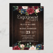 ブルガンディレッドネイビーフローラ木製婚約パーティ 招待状 (正面/裏面)