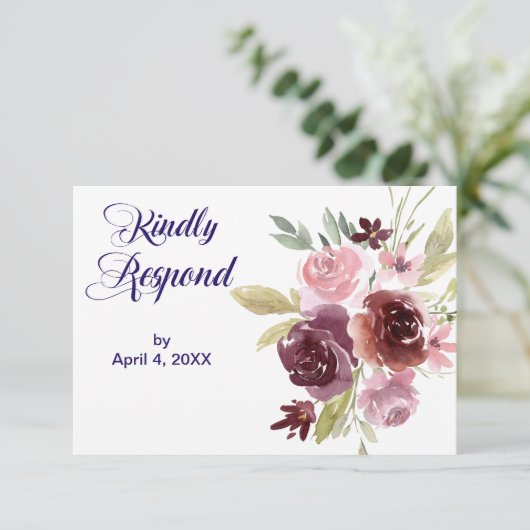ブルガンディレッドネイビーブルーフローラウェディングRSVP 出欠カード (スタンド正面)