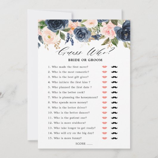 ブルガンディレッドネイビーブルーフローラブライダルシャワーゲーム 招待状 (正面)