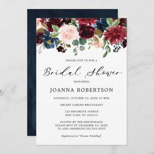 ブルガンディレッドネイビーブルーフローラブライダルシャワー 招待状 (正面/裏面)