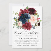 ブルガンディレッドネイビーブルーフローラブライダルシャワー 招待状 (正面)