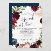 ブルガンディレッドネイビーブルーフローラボー結婚ホズ 招待状 (正面/裏面)