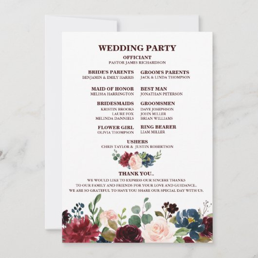 ブルガンディレッドネイビー素朴フローラボホファンバック 招待状 (正面)