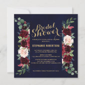 ブルガンディレッドネイビー素朴フローラボホブライダルシャワー 招待状 (正面)