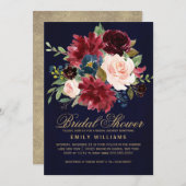 ブルガンディレッドネイビー素朴フローラボホブライダルシャワー 招待状 (正面/裏面)