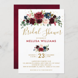 ブルガンディレッドネイビー素朴フローラボホブライダルシャワー 招待状