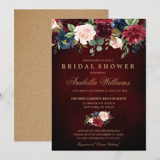 ブルガンディレッドネイビー素朴フローラボホブライダルシャワー 招待状 (正面/裏面)