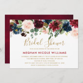 ブルガンディレッドネイビー素朴フローラボホブライダルシャワー 招待状 (正面/裏面)