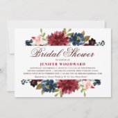 ブルガンディレッドネイビー素朴フローラボホブライダルシャワー 招待状 (正面)