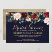 ブルガンディレッドネイビー素朴フローラボホブライダルシャワー 招待状 (正面/裏面)