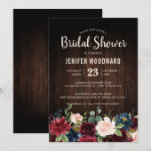 ブルガンディレッドネイビー素朴フローラボホブライダルシャワー 招待状 (正面/裏面)