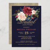 ブルガンディレッドネイビー素朴フローラボホブライダルシャワー 招待状 (正面/裏面)