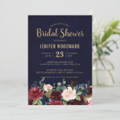 ブルガンディレッドネイビー素朴フローラボホブライダルシャワー 招待状 (スタンド正面)