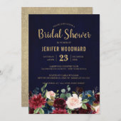 ブルガンディレッドネイビー素朴フローラボホブライダルシャワー 招待状 (正面/裏面)