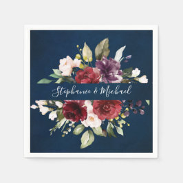 ブルガンディレッドネイビー素朴フローラボホペーパーナプキン スタンダードカクテルナプキン