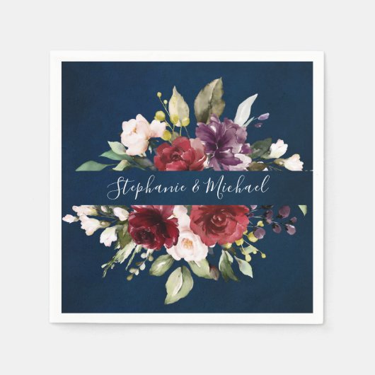 ブルガンディレッドネイビー素朴フローラボホペーパーナプキン スタンダードカクテルナプキン (正面)