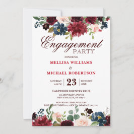 ブルガンディレッドネイビー素朴フローラボホ婚約 招待状