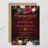 ブルガンディレッドネイビー素朴フローラボホ婚約 招待状 (正面/裏面)