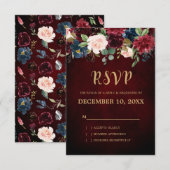 ブルガンディレッドネイビー素朴フローラボーホRSVP 出欠カード (正面/裏面)