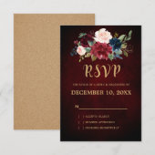 ブルガンディレッドネイビー素朴フローラボーホRSVP 出欠カード (正面/裏面)