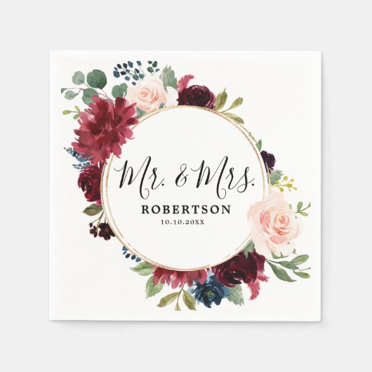 ブルガンディレッドネイビー赤面フローラ素朴ボホ紙 スタンダードカクテルナプキン (正面)