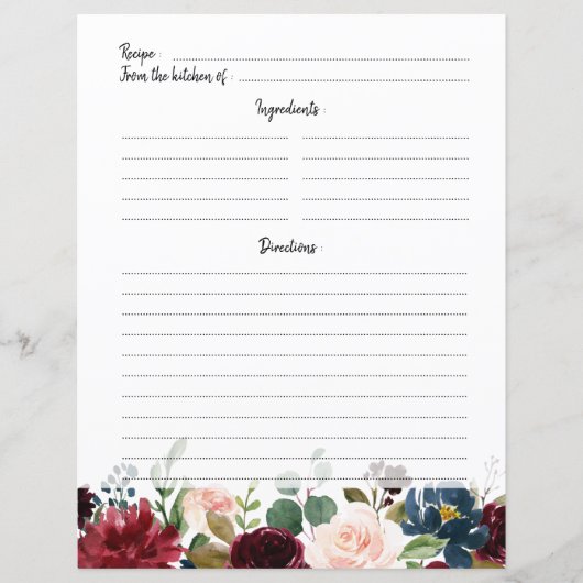 ブルガンディレッドネイビー赤面ブライダルシャワーレシピカード (正面)