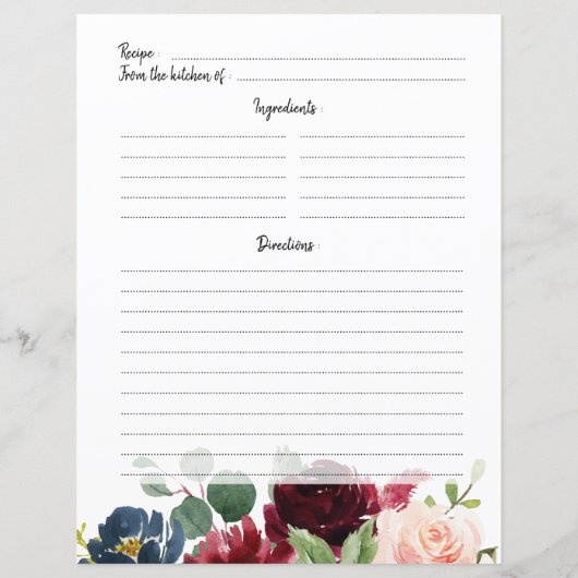 ブルガンディレッドネイビー赤面ブライダルシャワーレシピカード (裏面)