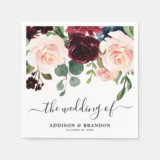 ブルガンディレッドネイビー赤面結婚フローラ紙 スタンダードカクテルナプキン (正面)