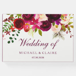 ブルガンディレッドパープルフローラボホ結婚ズゲストブック ゲストブック