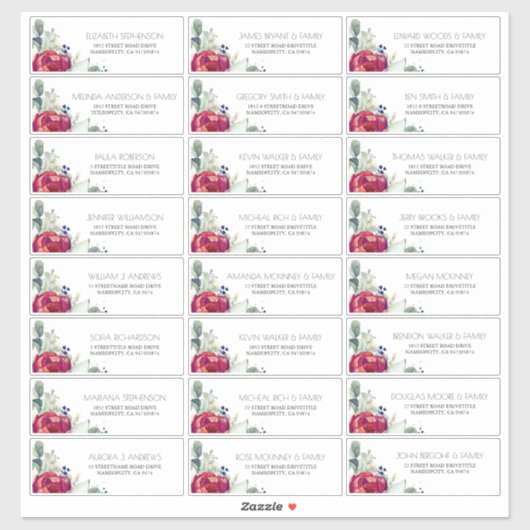 ブルガンディレッドピオニーネイビーゲストネームズ住所 シール (シート)