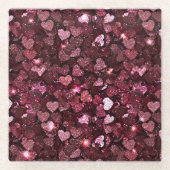 ブルガンディレッドピンクグリッターハート ガラスコースター (正面)