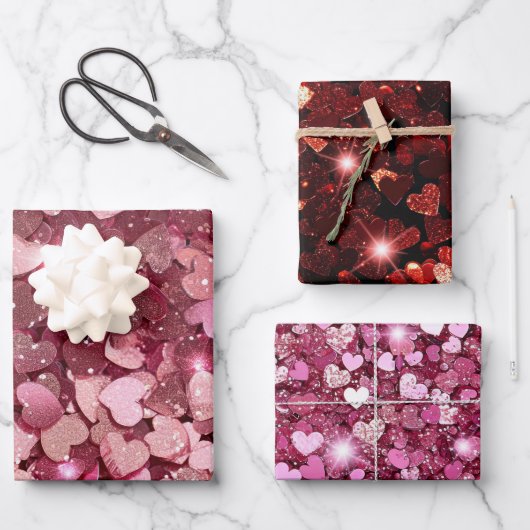 ブルガンディレッドピンクグリッターハート ラッピングペーパーシート (正面)