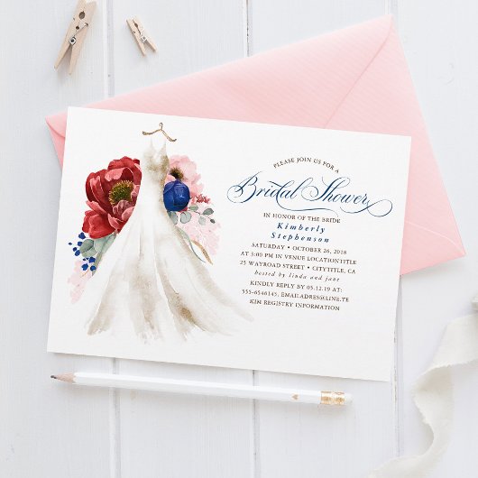 ブルガンディレッドピンクネイビーブルーフローラブライダルシャワー 招待状