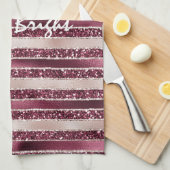 ブルガンディレッドピンクローズ金ゴールドストライプグリッター キッチンタオル (四つ折り)